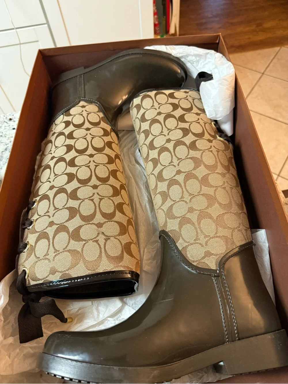 Coach Brown Khaki Signature Pattern Rain Boots - Picture 5 of 6